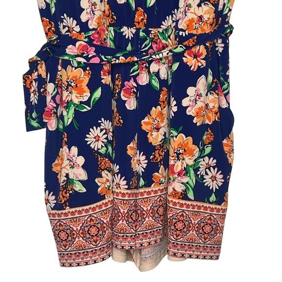 MARKET & SPRUCE Floral Romper 3/4 Sleeve V-Neck Tie Waist Blue Mutli Size L NWT - Picture 5 of 11